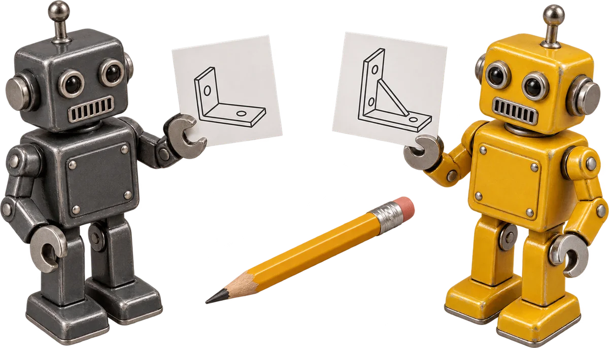 Two toy robots, one grey and one yellow, each holding up a different design for the same bracket, with a pencil between them