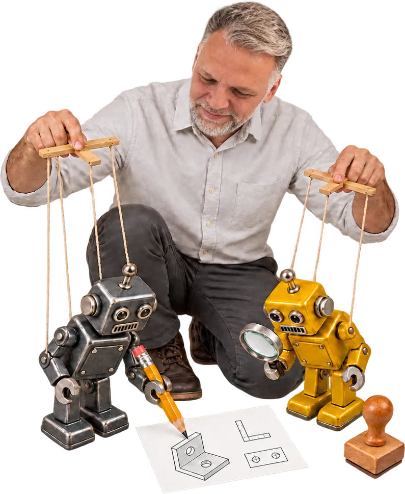 Paul Panotzki works two toy robots like marionettes. The grey one draws a bracket with a pencil, the yellow one inspects it through a magnifying glass, and an approval stamp waits beside the drawing.
