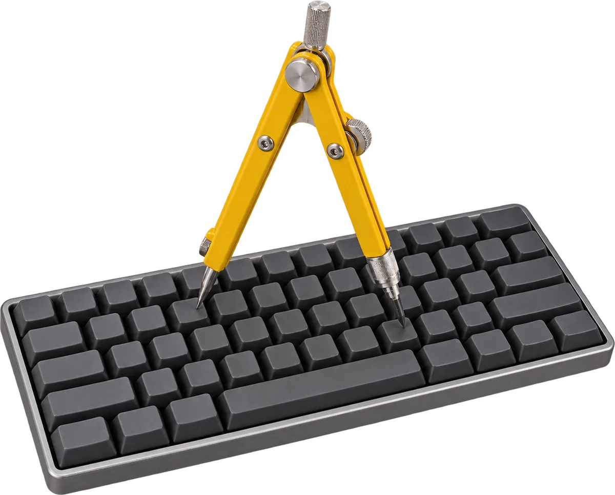 A yellow drafting compass standing on the keys of a computer keyboard