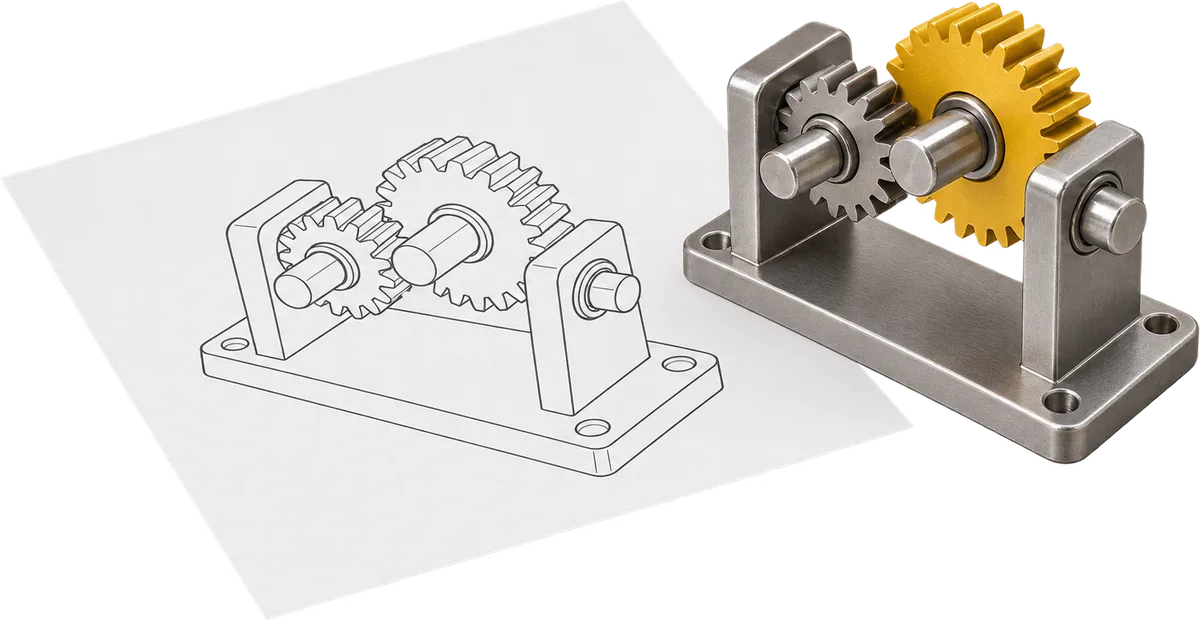 A line drawing of a gear assembly, with the finished assembly in steel and a yellow gear standing beside it